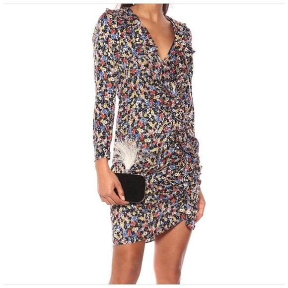 Veronica Beard Dress Minna V-Neck Floral Stretch Silk Mini Black Multicolor 4 - Picture 1 of 10